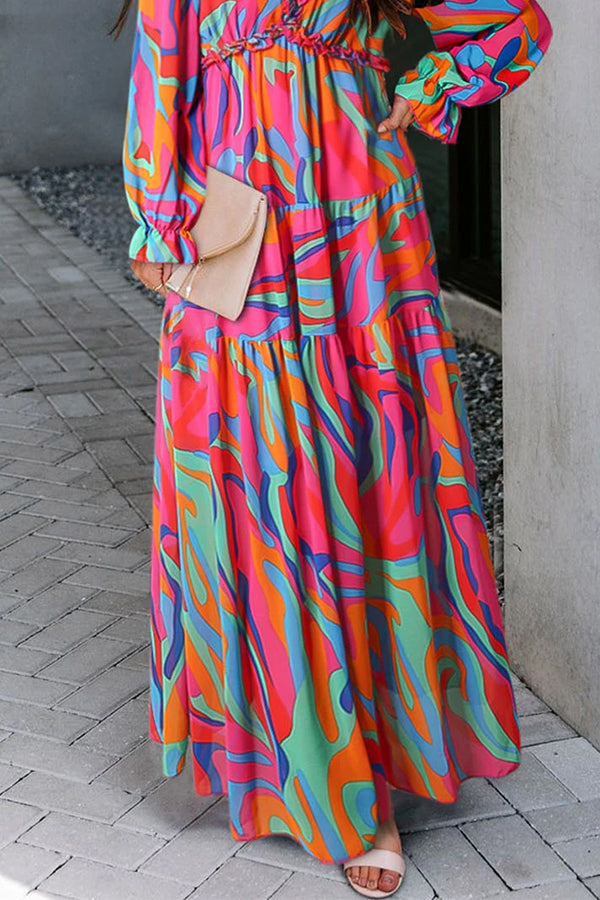 LM | Multicolor floral print ruffle trim low-cut maxi dress