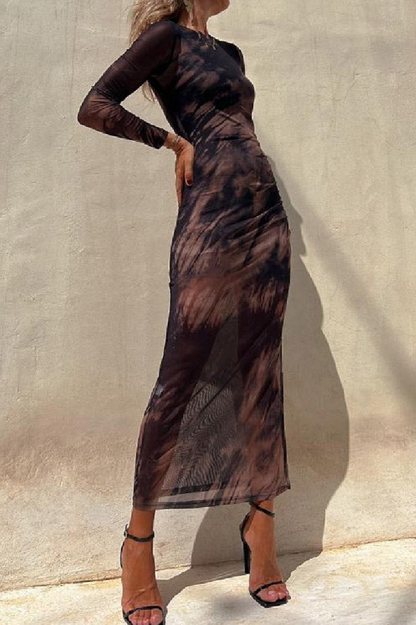 LM | Charm Lady Mesh Overlay Tie Dye Print Long Sleeve Ruffled Stretch Midi Dress