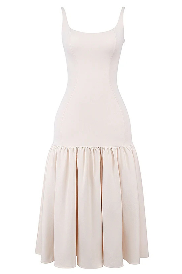 LM | Graceful Silhouette Square Neckline Wide Strap Drop Waist Midi Dress