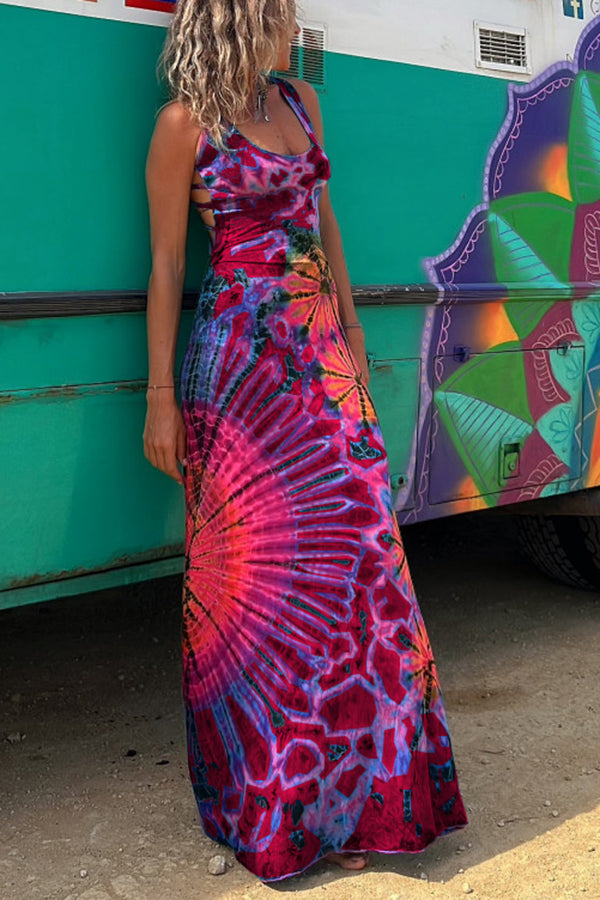 LM | La Bamba tie-dye print back lace-up stretch maxi dress