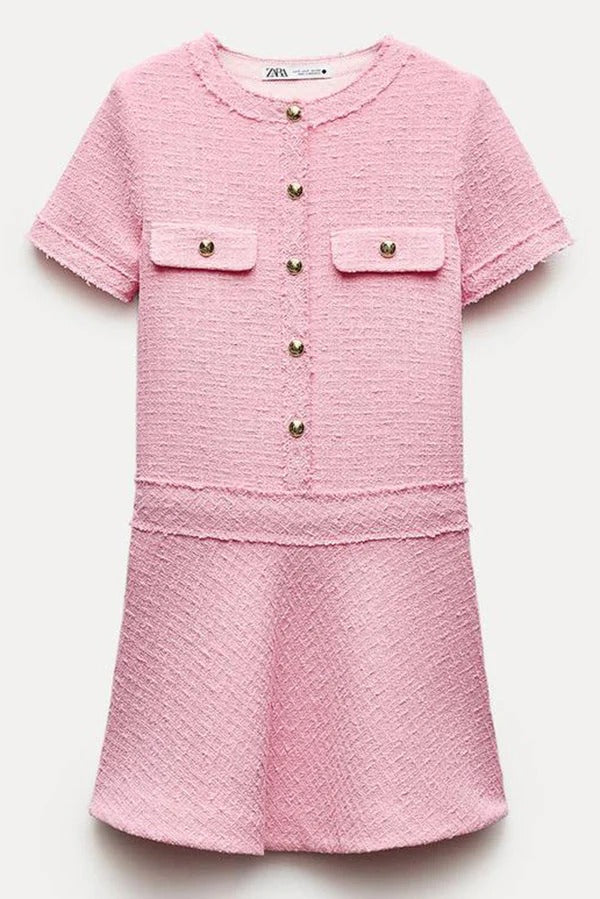 LM | 1960s London Girl tweed textured gold button short sleeve pocketed mini dress
