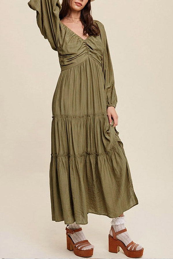 LM | Green V-neck bowknot neckline ruffle striped maxi dress