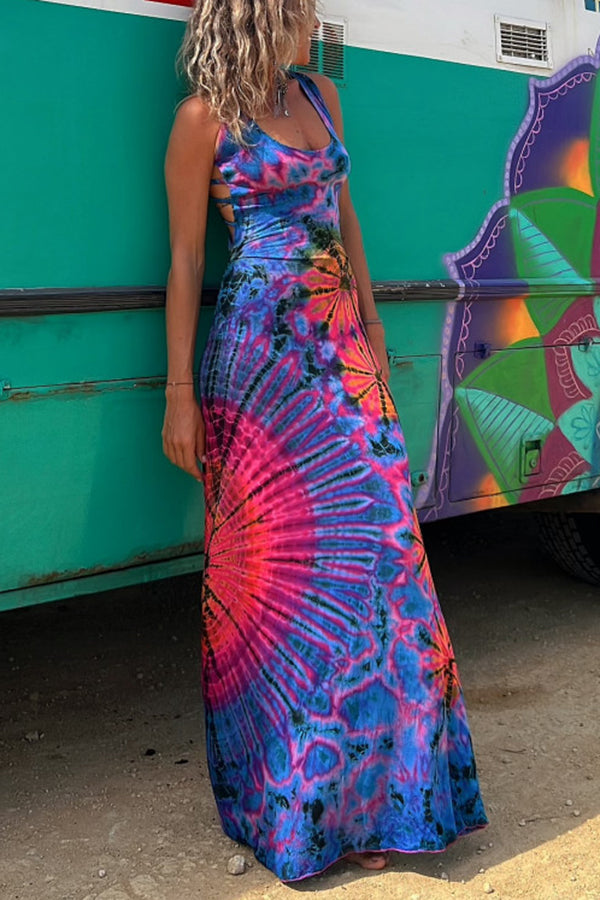 LM | La Bamba tie-dye print back lace-up stretch maxi dress