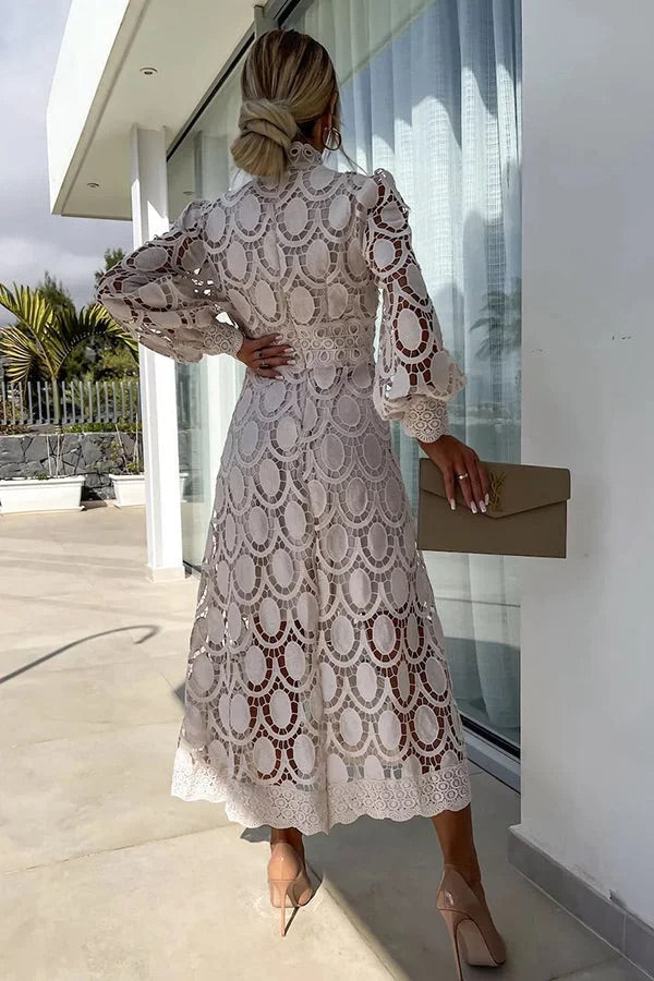LM | Romantic, Sensual and Elegant Crochet Lace Lantern Sleeve Party Midi Dress