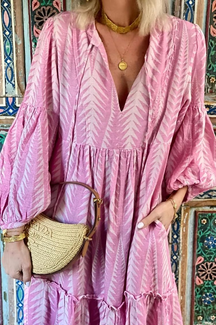 LM | Marrakech Stories Linen blend printed midi dress with balloon sleeves and A-line pockets