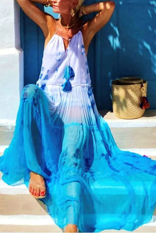 LM | Island Evenings Gradient Print Tassel Halter Maxi Dress