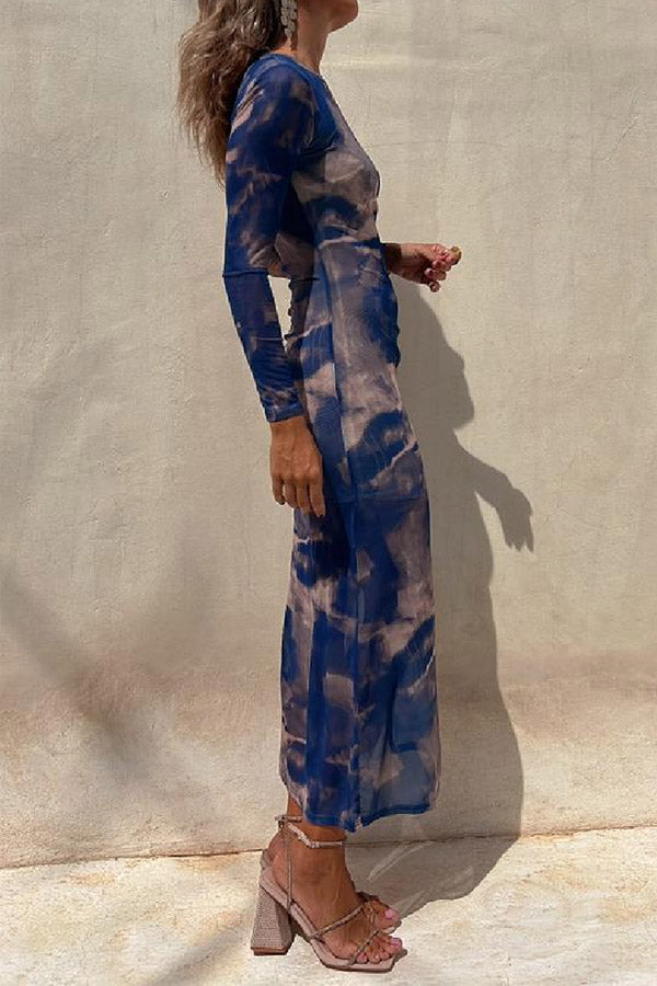 LM | Charm Lady Mesh Overlay Tie Dye Print Long Sleeve Ruffled Stretch Midi Dress