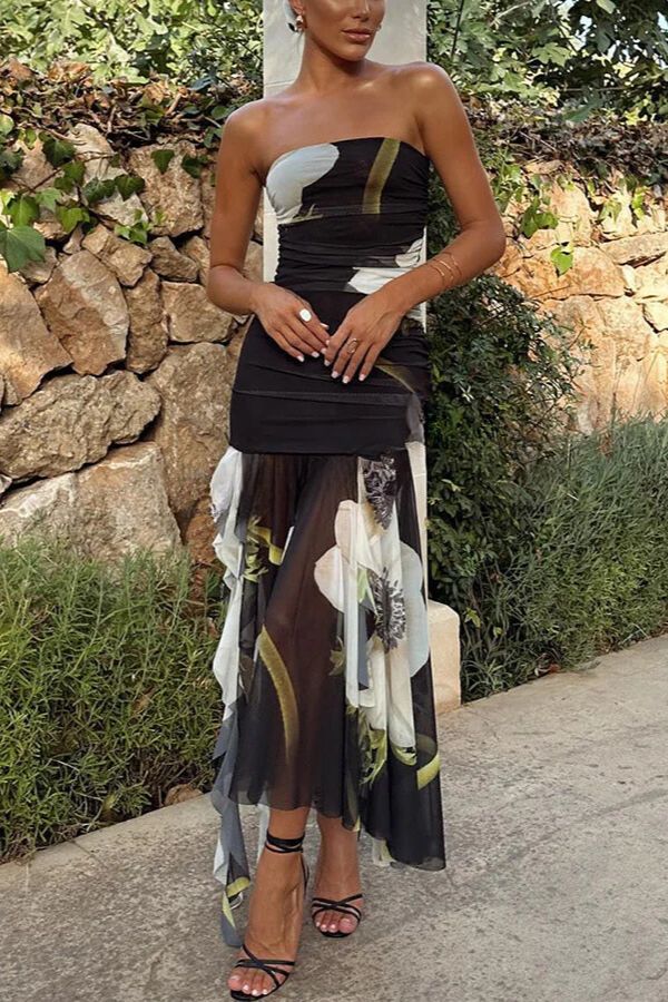 LM | Raquel Mesh Overlay Floral Print Shoulderless Ruched Ruffled Stretch Midi Dress