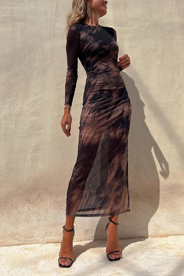 LM | Charm Lady Mesh Overlay Tie Dye Print Long Sleeve Ruffled Stretch Midi Dress