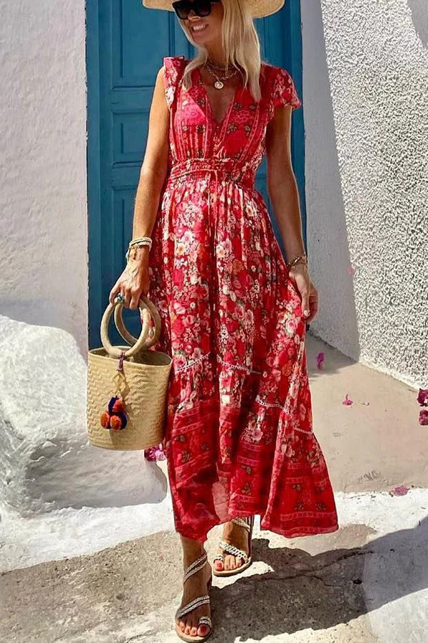LM | Summer in Greece Boho Print Ruffle Sleeves Elastic Waist High-Low Midi Dress