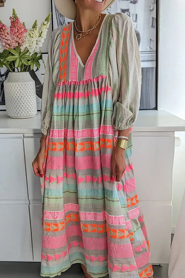 LM | Whisked Away Geometric Color Block Printed A-Line Midi Dress