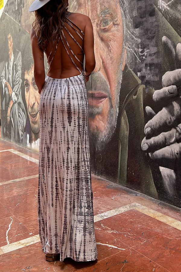 LM | Modern Day Tie-dye Print Back Lace-up Stretch Maxi Dress
