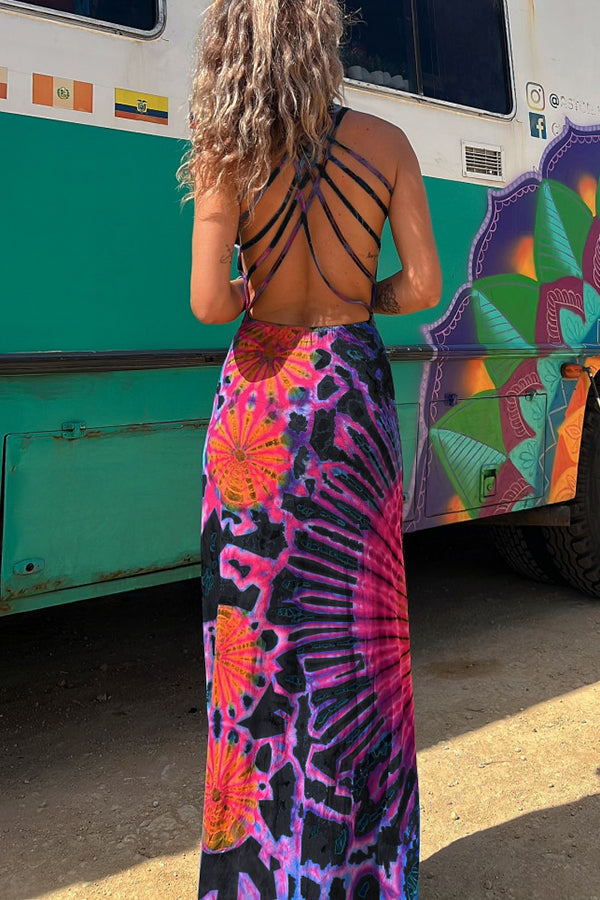 LM | La Bamba tie-dye print back lace-up stretch maxi dress