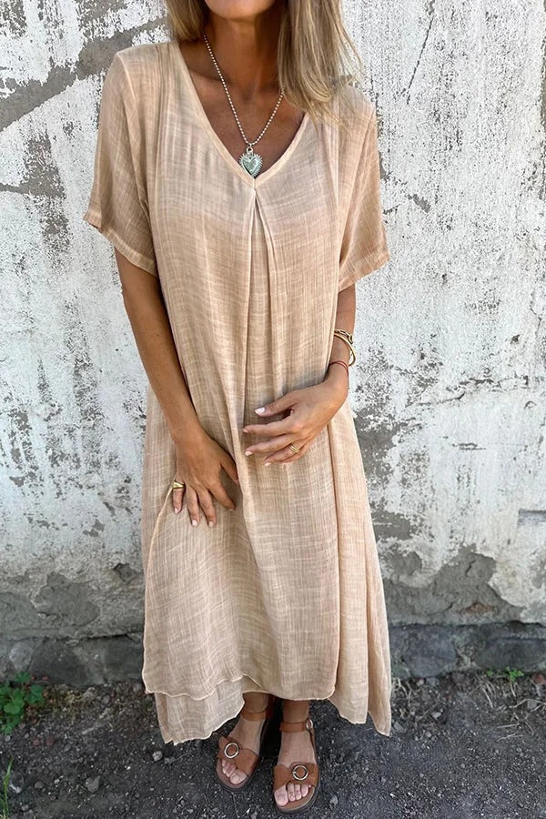 LM | Bayside Bliss linen blend short sleeve pleated loose midi dress