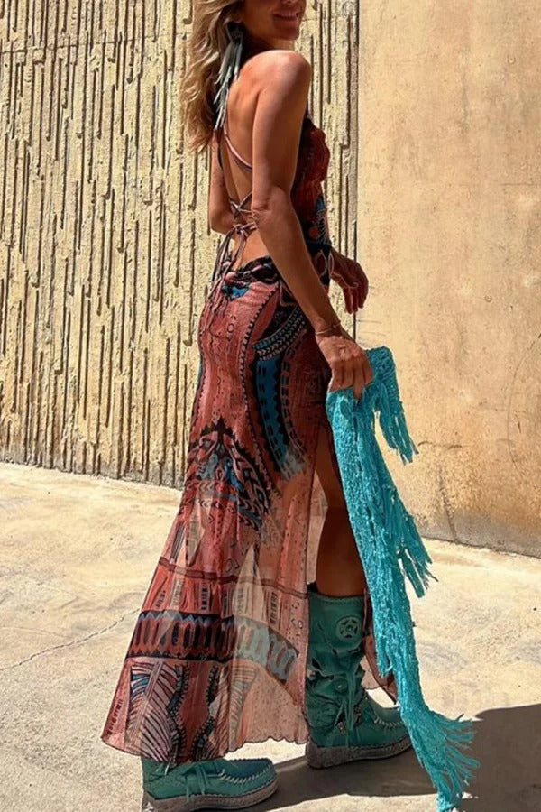 LM | Gypsy Style Unique Print Cowl Neck Back Lace Up Slit Midi Dress