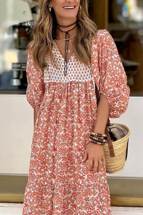 LM | Boheme Lifestyle Printed maxi dress with loose puff sleeves
