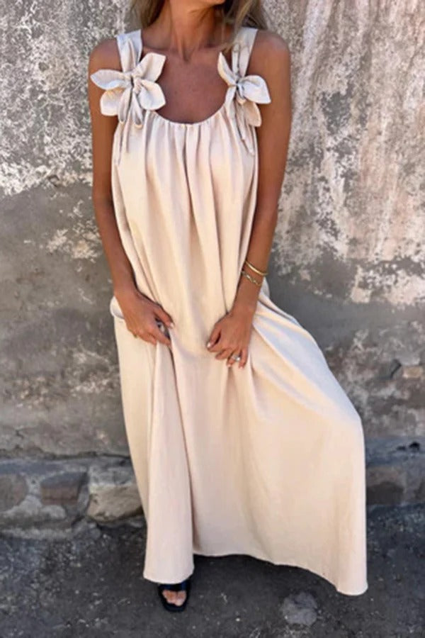 LM | Solid Floral Embellished Sleeveless Loose Maxi Dress