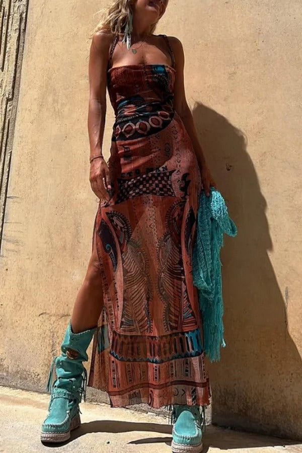 LM | Gypsy Style Unique Print Cowl Neck Back Lace Up Slit Midi Dress