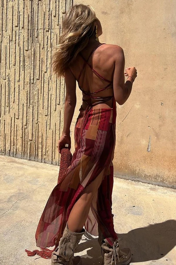 LM | Gypsy Style Unique Print Cowl Neck Back Lace Up Slit Midi Dress