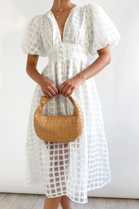 LM | Remarkable Beauty Square Patterned Fabric Puff Sleeve Party Midi Dress