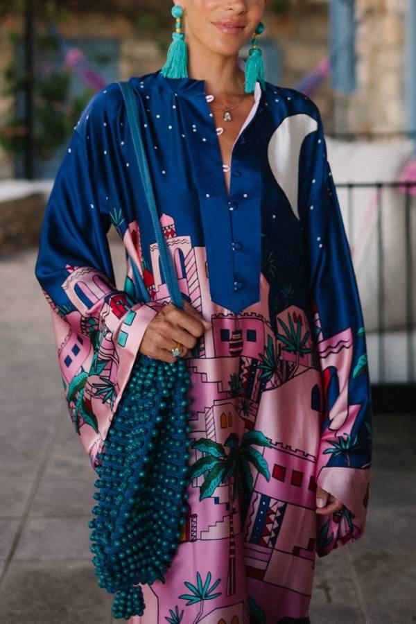 LM | Seaside Stroll Satin Unique Print Button Up Long Sleeve Slit Kaftan Midi Dress