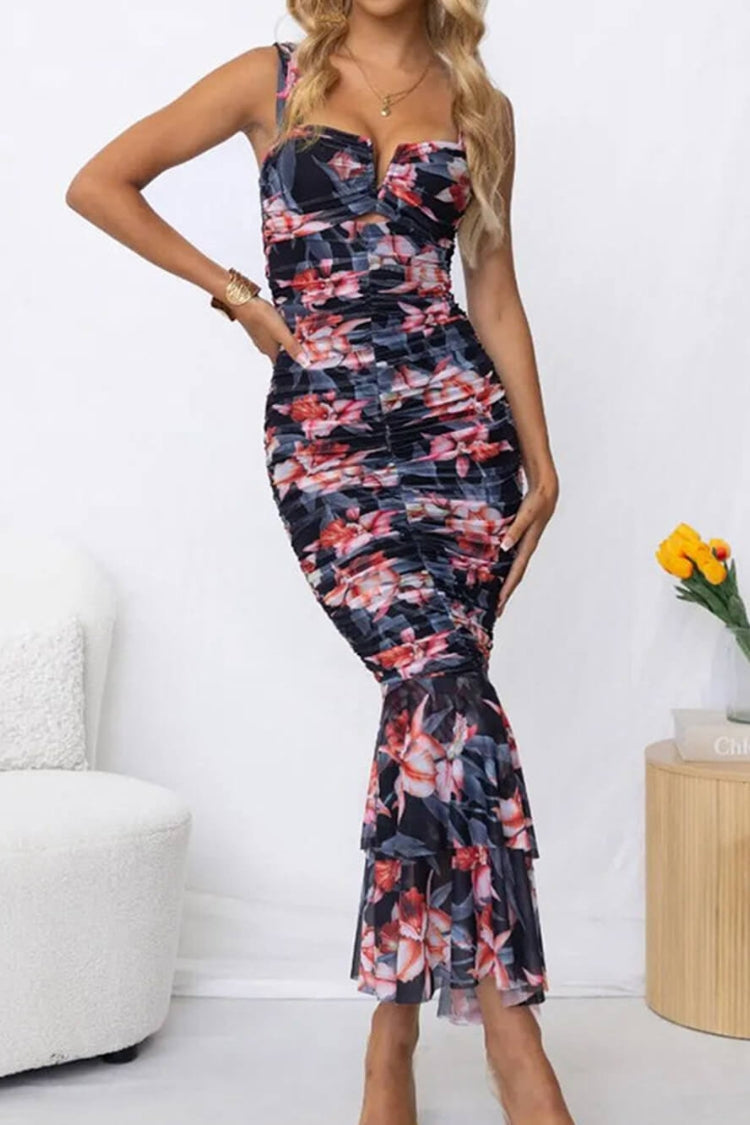 LM | Styled To Perfection Floral Ruched Mesh Overlay Ruffle Hem Maxi Dress