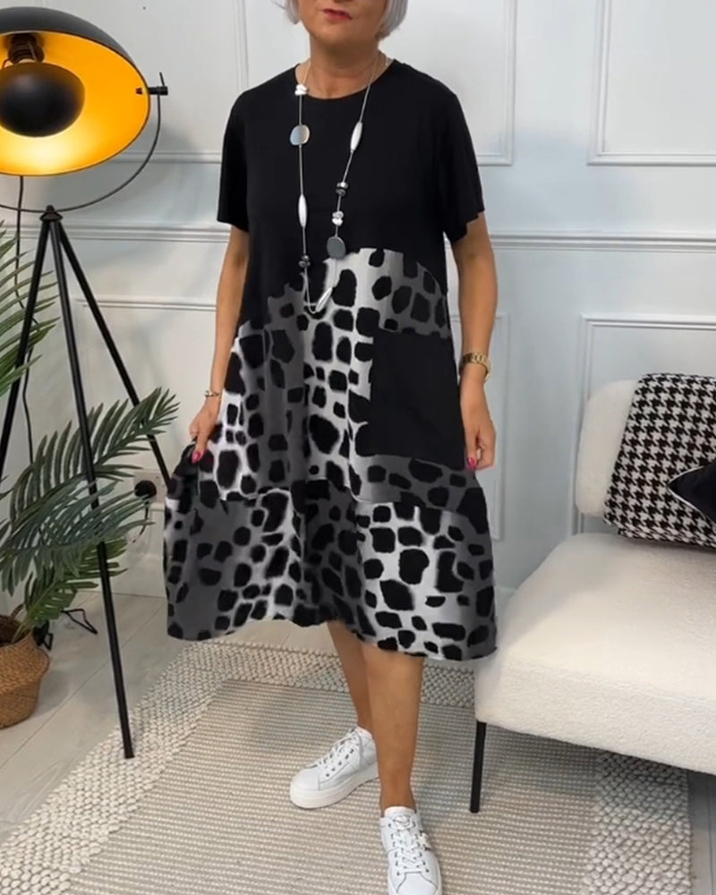 LM | Stylish short-sleeved midi dress with leopard print