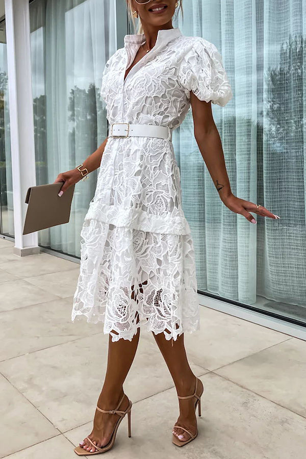 LM | Absolutely Elegant Floral Crochet Lace Puff Sleeve Belted Shirt Midi Dress