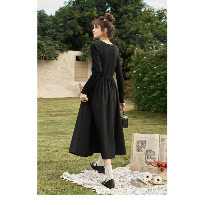 LM | Elegant Black Knitted Smocked V-Neck A-Line Midi Dress