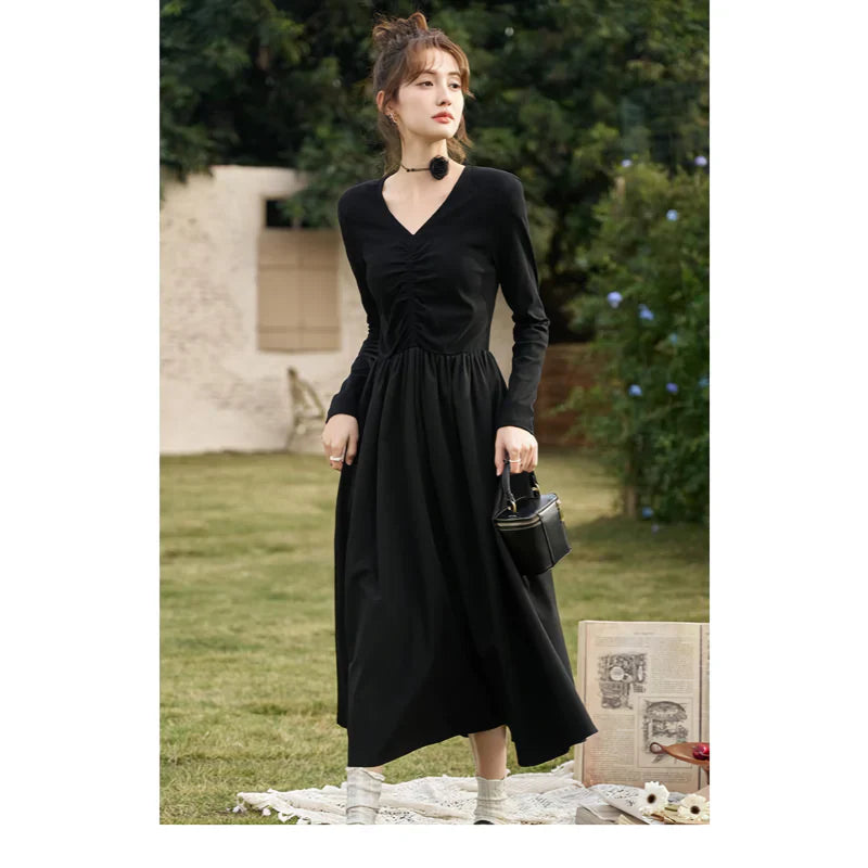 LM | Elegant Black Knitted Smocked V-Neck A-Line Midi Dress