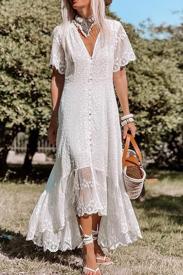 LM | V-neck slim fit dress floral lace midi dress