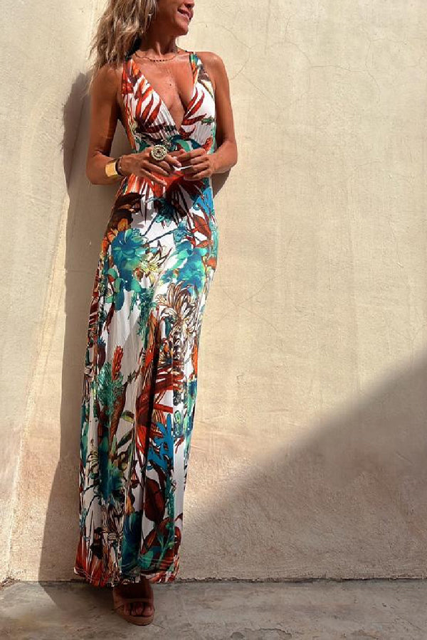 LM | RAINFOREST PARADISE TROPICAL PRINT NECKLINE BACK CROSSOVER STRETCH MAXI DRESS