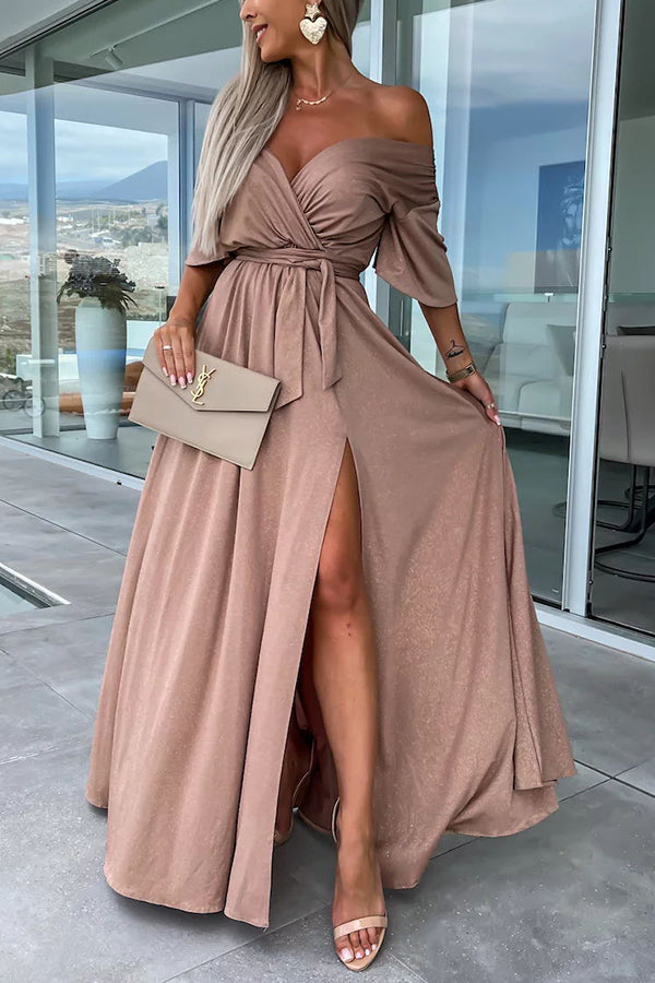 LM | Call Me Confident Glitter Fabric Belted Slit Maxi Dress