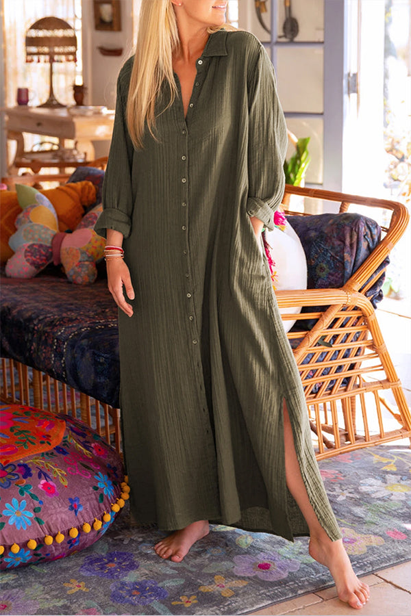 LM | Green Creased, side-slit, loose maxi dress
