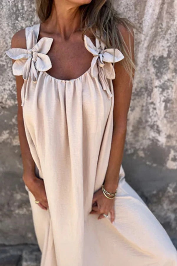 LM | Solid Floral Embellished Sleeveless Loose Maxi Dress