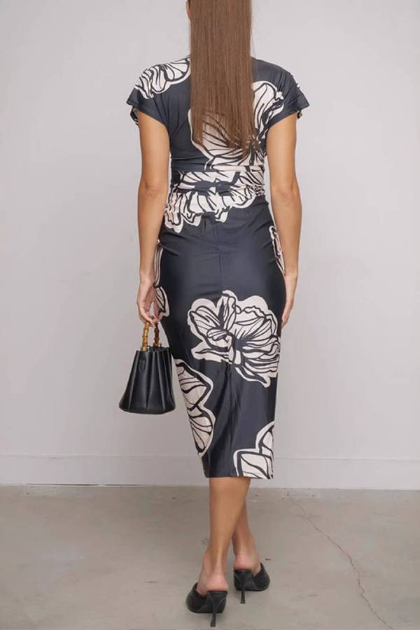 LM | Unique Bella Contrast Color Unique Print Dolman Sleeve Ruffled Slit Midi Dress