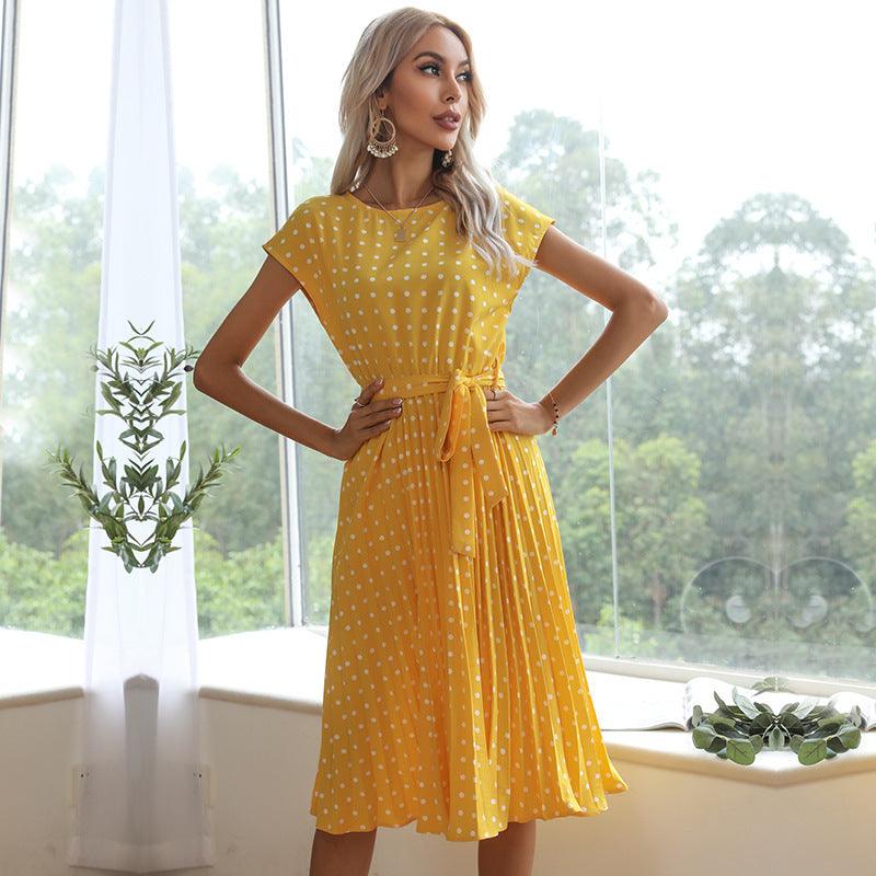 LM | Summer Women Polka Dot Short Sleeve Dress Casual Bandage Party Pleated Midi Dresses Elegant Green Office Lady Clothes