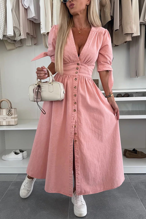 LM | Solid color V-neck button-down denim midi dress
