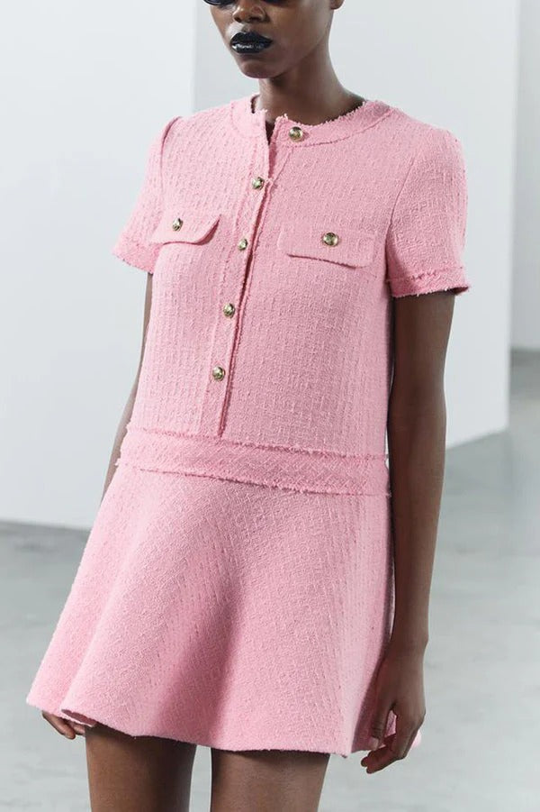LM | 1960s London Girl tweed textured gold button short sleeve pocketed mini dress
