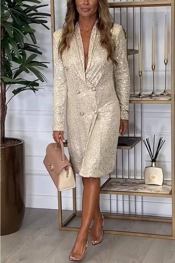 LM | Luxe Feeling Sequin Button Up Long Sleeve Blazer Midi Dress