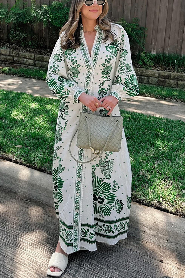 LM | Unique print button down long sleeve shirt maxi dress