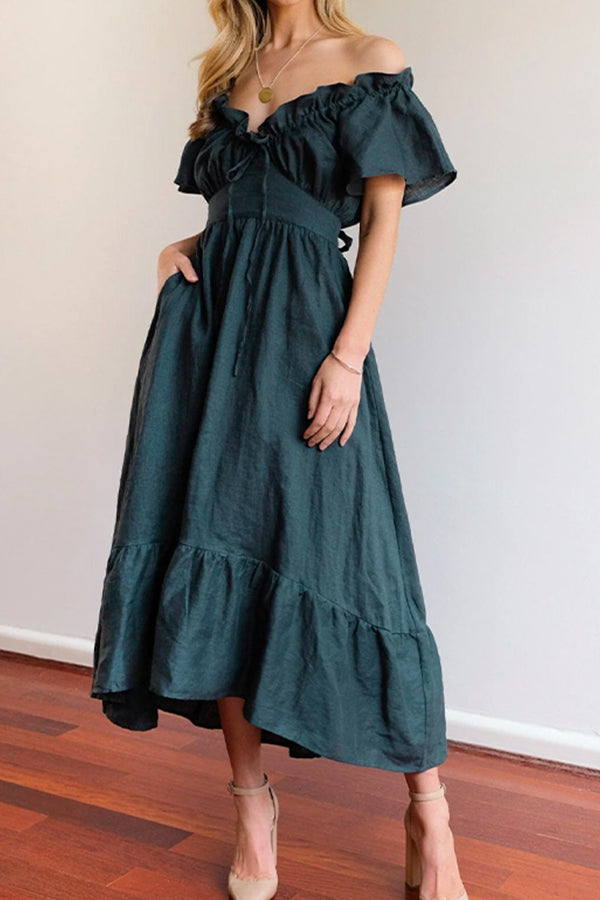 LM | RUCHED HEM OFF-THE-SHOULDER MIDI DRESS