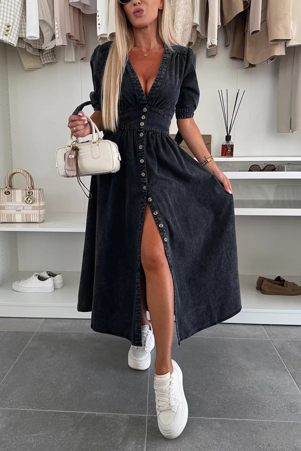 LM | Solid color V-neck button-down denim midi dress
