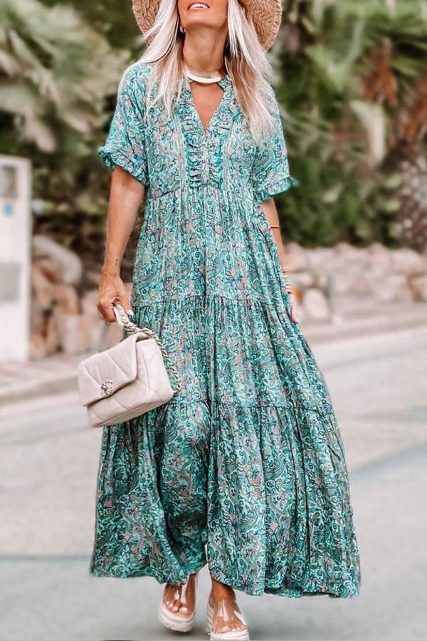 LM | Sky Blue Paisley Print Split V Neck Tiered Boho Maxi Dress