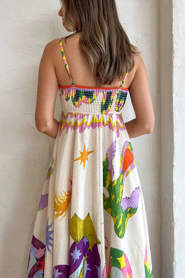 LM | Feel Effortlessly Linen Blend Unique Print Smocked Back Midi Dress