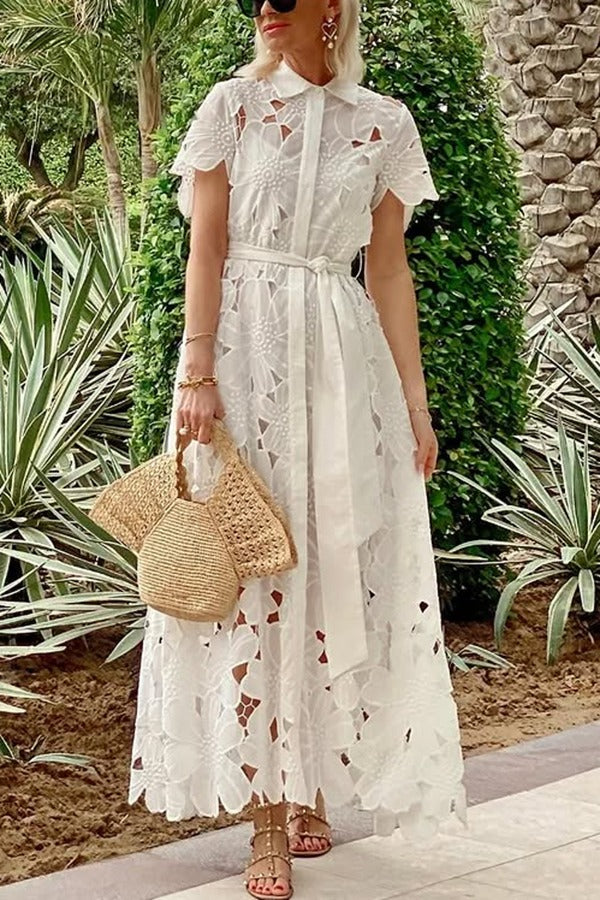 LM | Dubai Style Floral Crochet Lace Short Sleeve Tie-up Shirt Maxi Dress