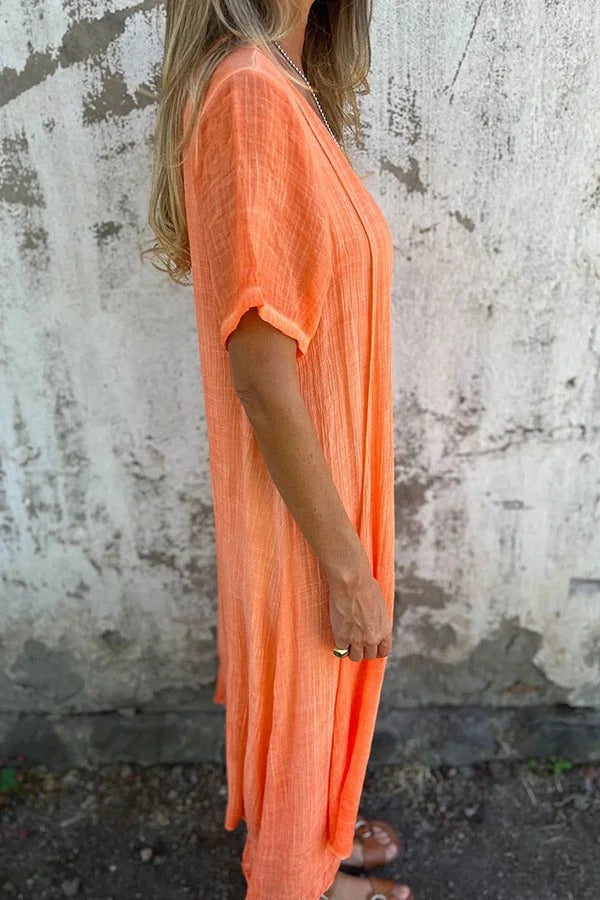 LM | Bayside Bliss linen blend short sleeve pleated loose midi dress