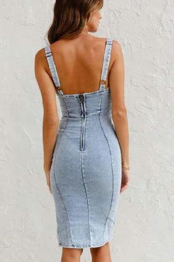 LM | This Seasons Staple Denim Adjustable Straps Zip-up Firm Stretch Midi Dress