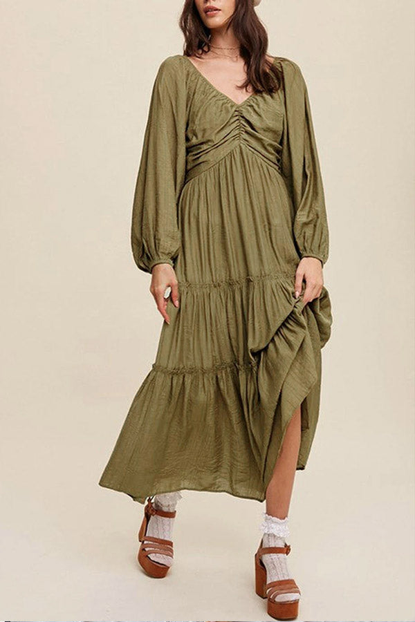LM | Green V-neck bowknot neckline ruffle striped maxi dress