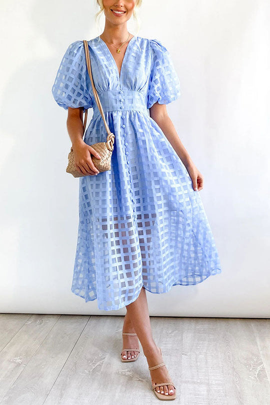 LM | Remarkable Beauty Square Patterned Fabric Puff Sleeve Party Midi Dress